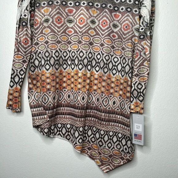 Jess & Jane Aztec Print Asymmetrical Hem Linen Blend 3/4 Sleeve Top Size Medium - Picture 5 of 7